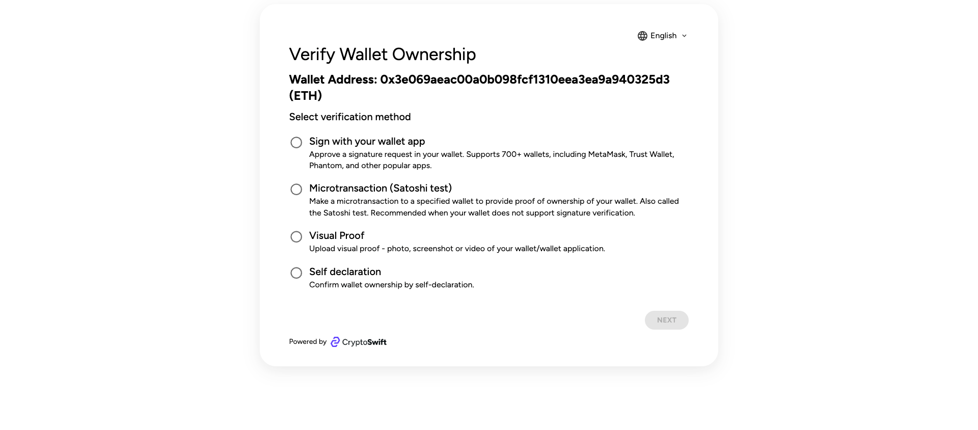Customer wallet ownership screen listing signature, microtransaction, visual proof, and self-declaration methods